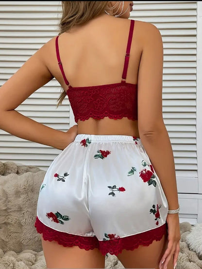 Deep V Lace Cutout Camisole Bra And Lace Trim Shorts Pajama Set