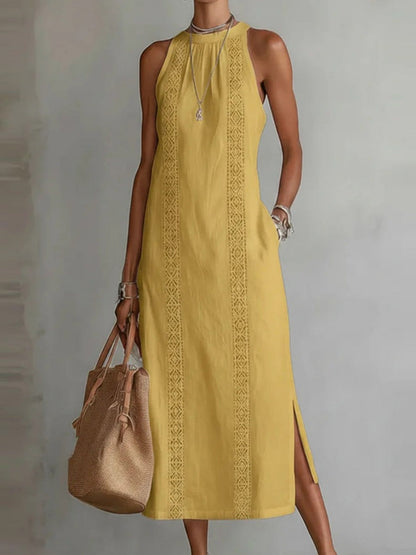 Halter Solid Color Lace Stitching Loose-fit Sundress Maxi Dresses