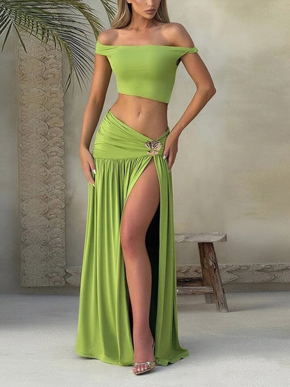 Off-shoulder Crop Top Tank Top And Fitted Side Slit Skirt Two-piece Set