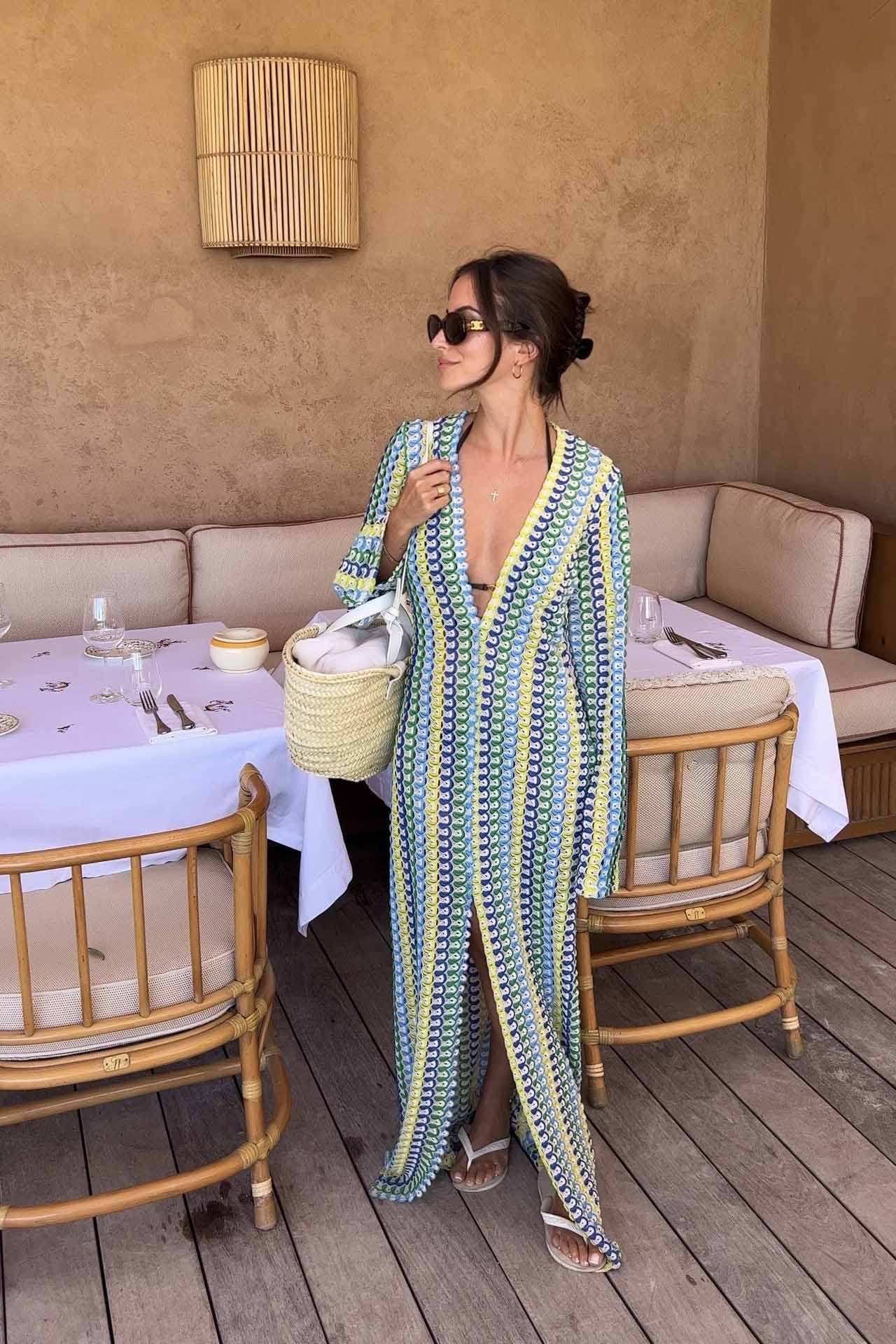 Scallop Circle Print Deep V-Neck Long Sleeve Front Slit Maxi Dress