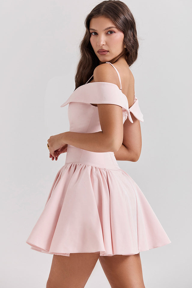 Off Shoulder Fold Over Collar Spaghetti Strap Pleated Fit and Flare Mini Dress