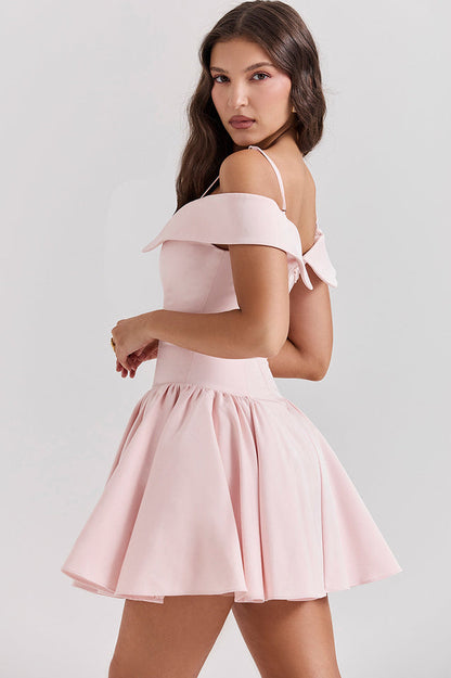 Off Shoulder Fold Over Collar Spaghetti Strap Pleated Fit and Flare Mini Dress