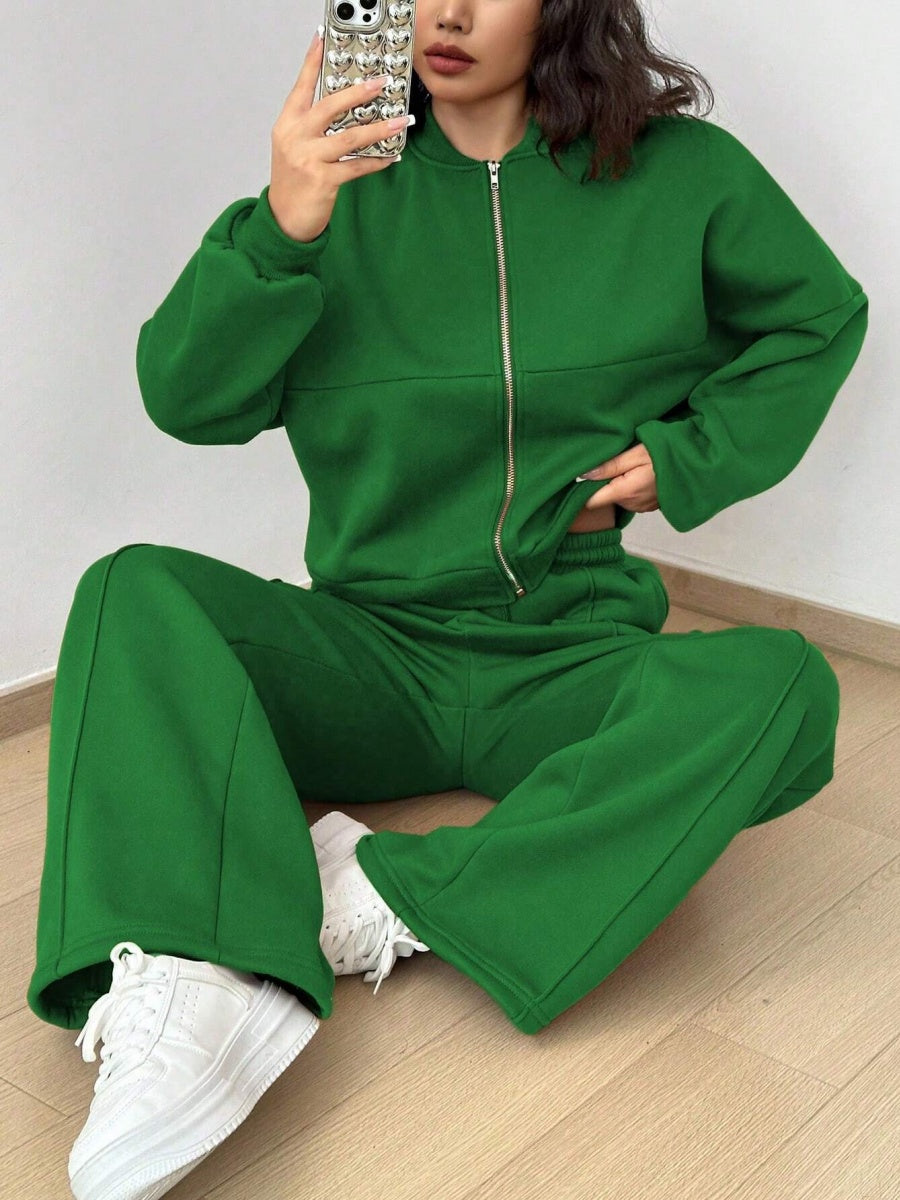 Sports And Leisure Solid Color Crew Neck Zipper 2-piece Sets