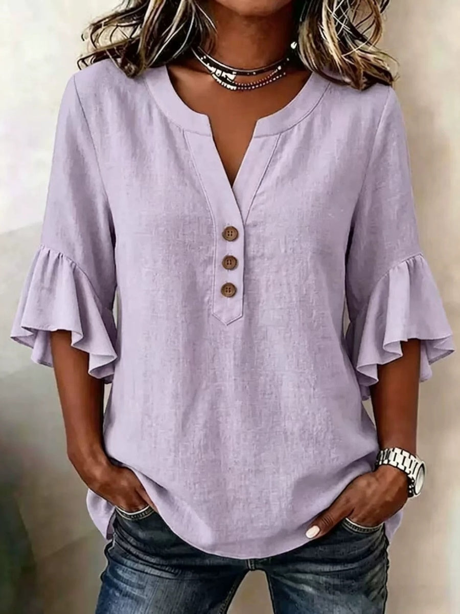 V-neck Solid Color Button Casual Ruffle Sleeve T-shirt