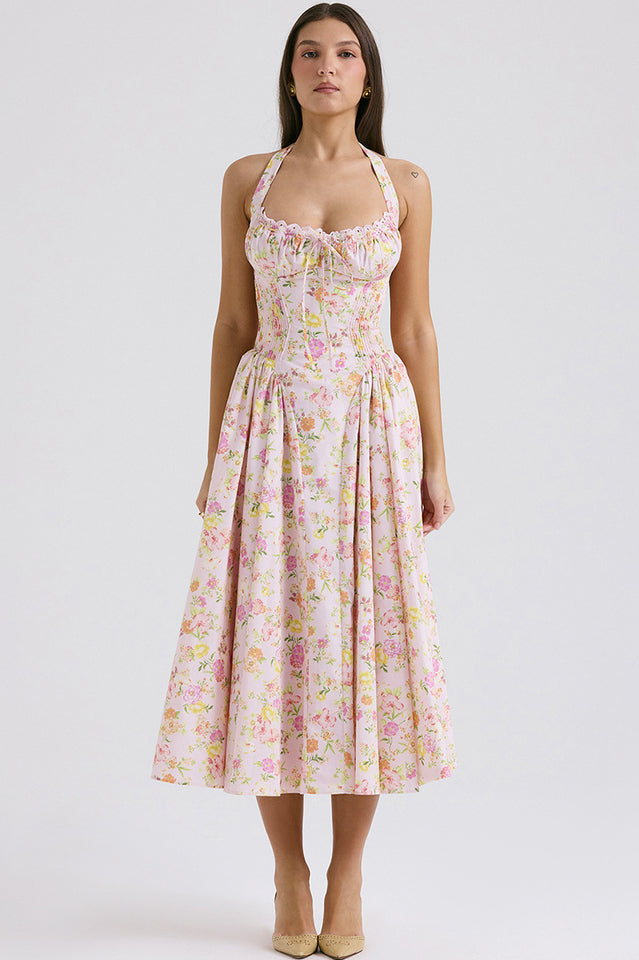 Halter Sweetheart Neck Lace Trim Ditsy Floral Corset Bodice Midi Dress