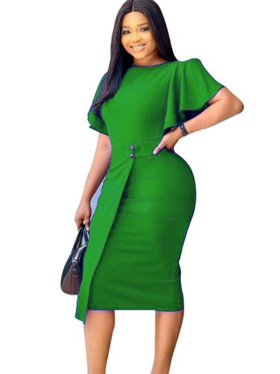 Commuting Lotus Leaf Sleeves Buttons Solid Color Mini&Short Dresses