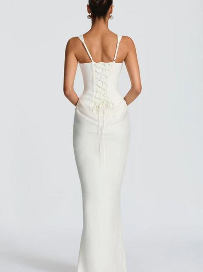 Fish Bones Waist Corset Pleated Camisoles Sleeveless Hip-hugging Maxi Dresses