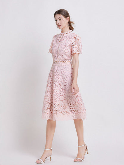 Lace Waist-cinching Hollow-out Midi Dress