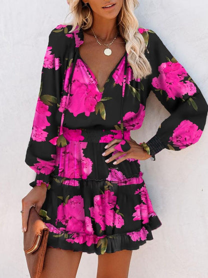 Long-sleeved V-neck Fashion Print Fitted Waist Short Dress