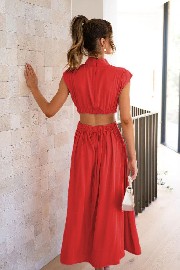 Mock Neck Ruched Bodice Waist Cut Out Flowy Midi Dress