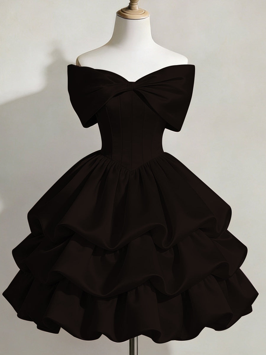 Satin Off-shoulder Bow Design Multi-layered Short Dress
