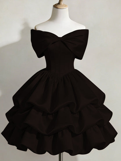 Satin Off-shoulder Bow Design Multi-layered Short Dress
