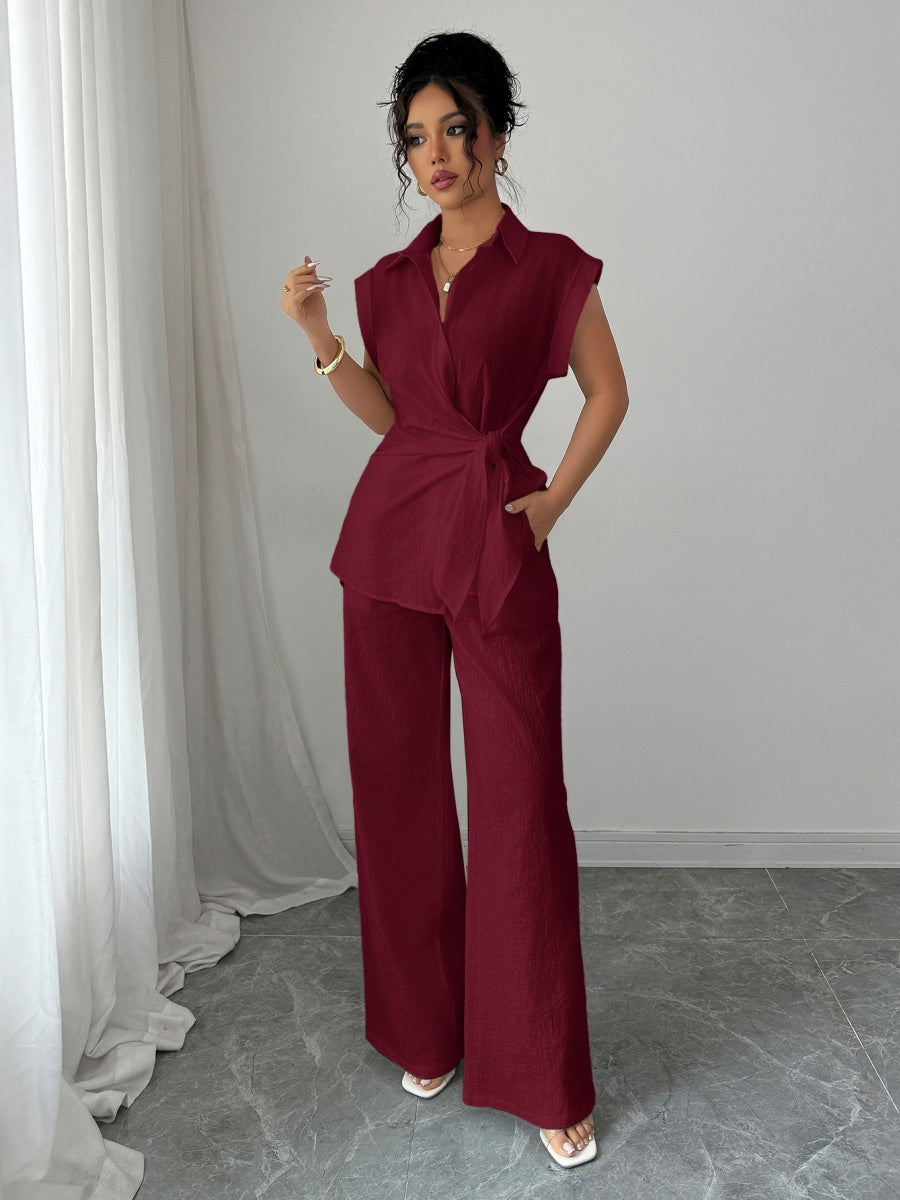 Lapel Sleeveless Kink Shirts Wide-leg Pants Business Suit 2-piece Sets