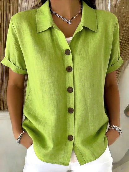 Button-up Cotton Linen Solid Color Short-sleeved T-shirt