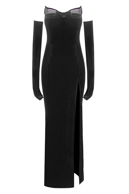 Strapless Sweetheart Rhinestone Trim Velvet Maxi Gown with Draped Satin Overskirt