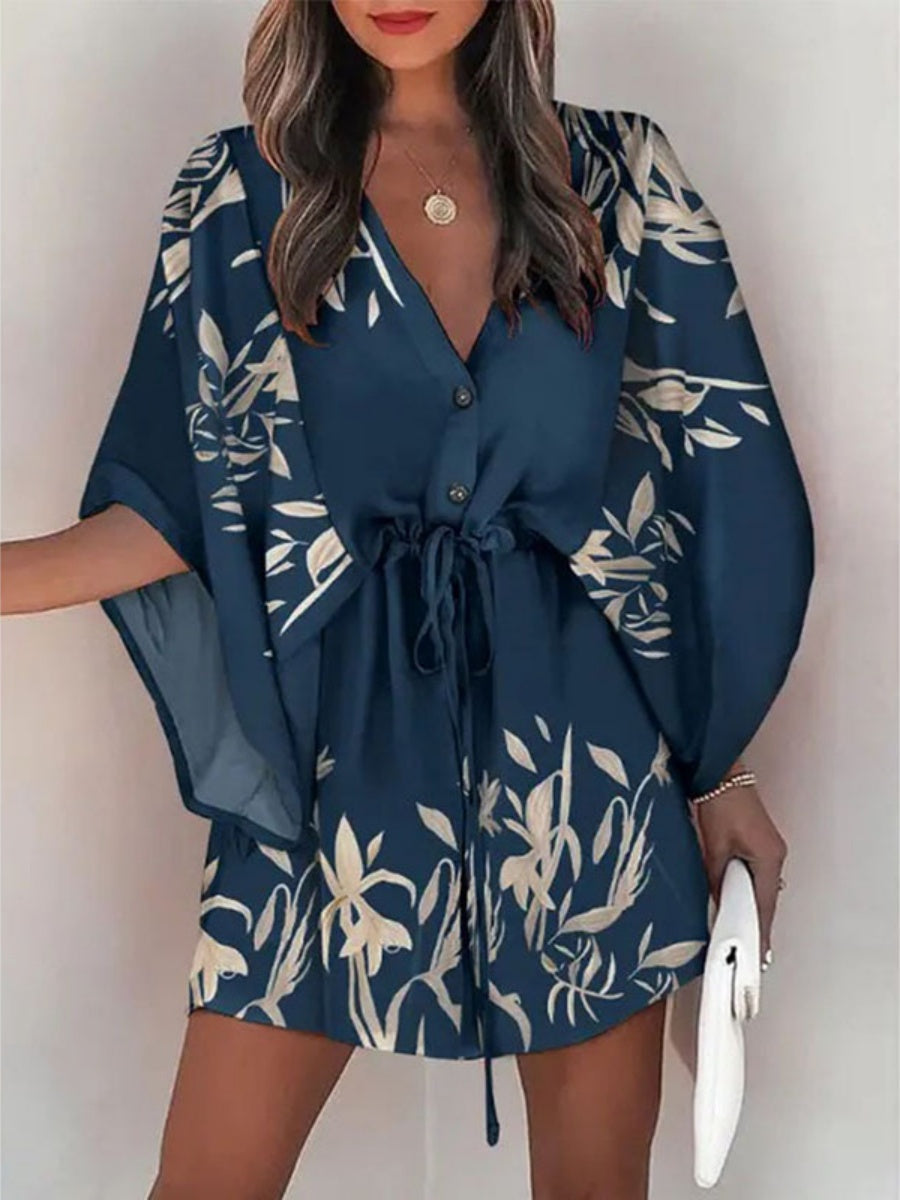 V-neck Tie-up Printed Patchwork Mini&Short Dresses