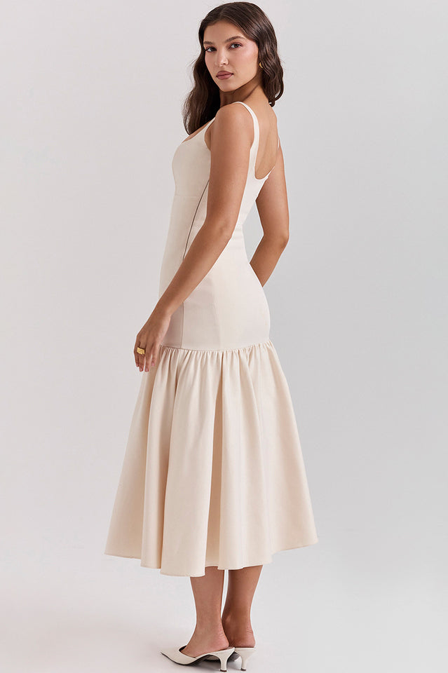 Scoop Neck Princess Seam Dropped Waist Flared Trumpet Midi Dress