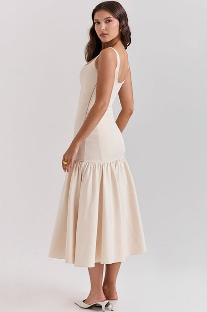Scoop Neck Princess Seam Dropped Waist Flared Trumpet Midi Dress