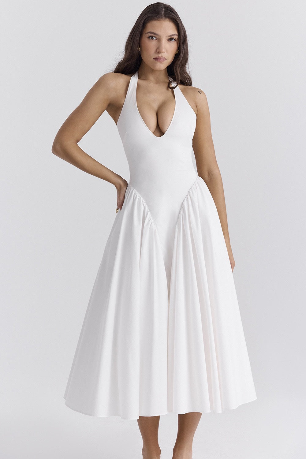 Halter Plunge V-Neck Dropped Waist Gathered Full Skirt Pocket Midi Dress