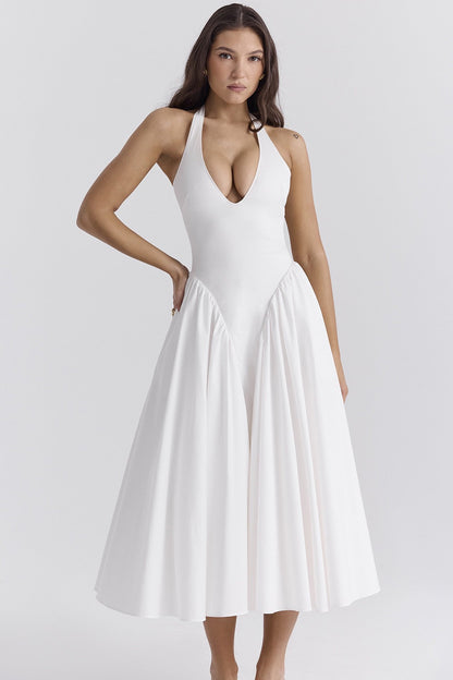 Halter Plunge V-Neck Dropped Waist Gathered Full Skirt Pocket Midi Dress