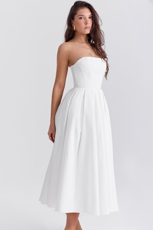 Strapless Princess Seam Pleated A-Line Midi Dress
