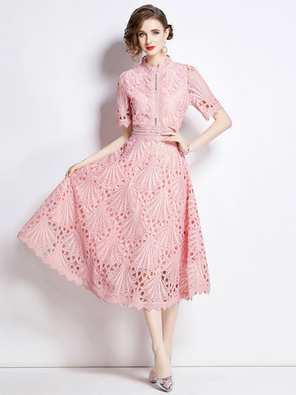 Crocheted Embroidered Lace Midi Dress