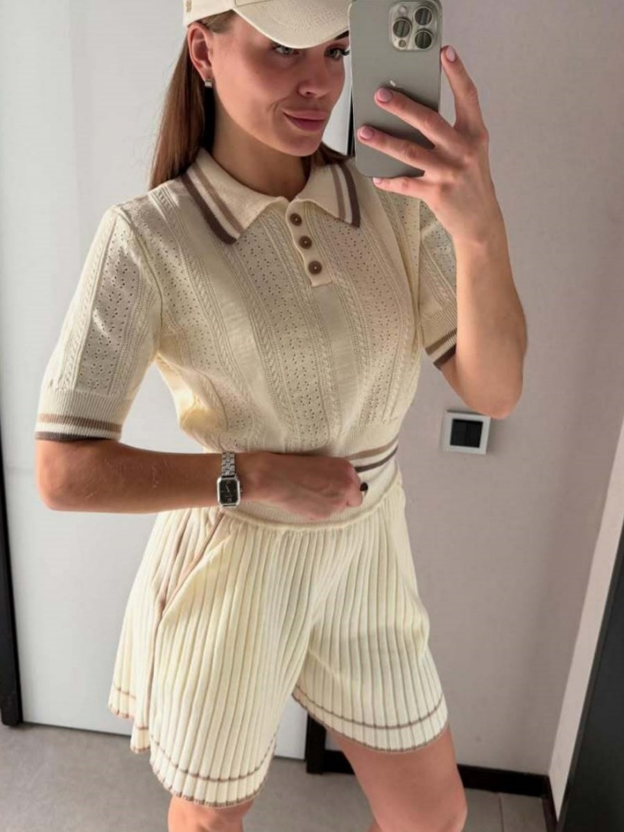 Academic Style Lapel Ice Silk Short Cardigan Color-blocked Drawstring Shorts Set 2-piece Sets