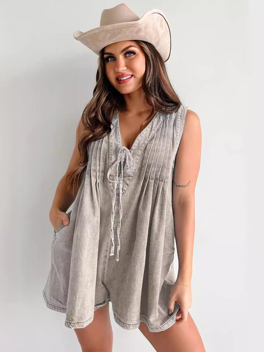 Sleeveless Short-sleeved Denim Jumpsuit