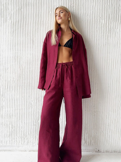 Loose-fitting Long-sleeved Shirt And Casual Trousers Two-piece Set