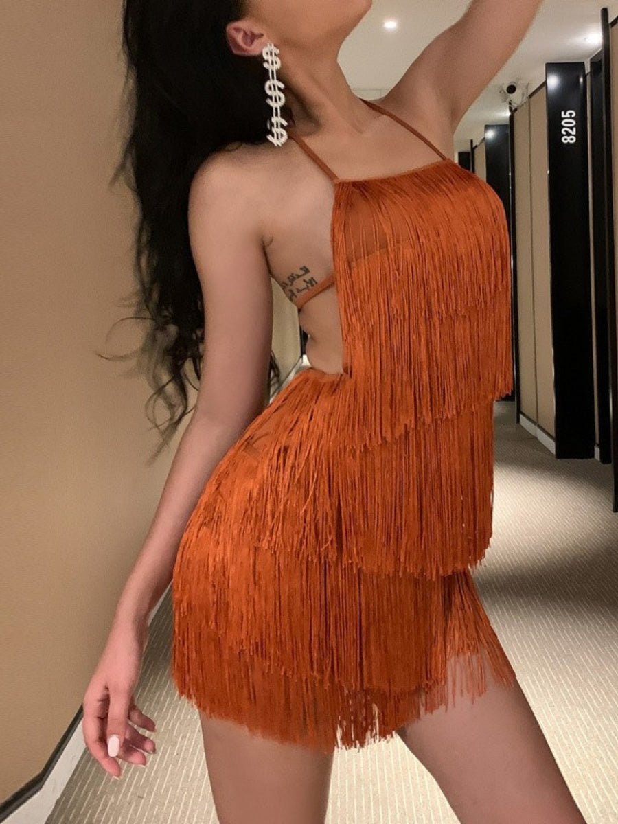 Sexy Backless Conjoined Twins Tassel Mini&Short Dresses