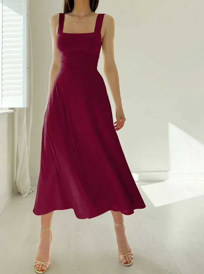 Square Neck Wide Strap A-Line Midi Dress