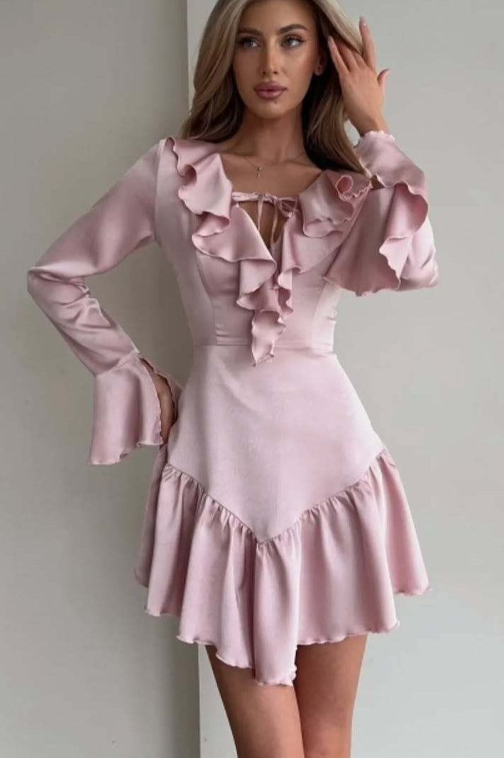 Tie Neck Deep V-Neck Ruffle Trim Flare Cuff Long Sleeve Mini Dress
