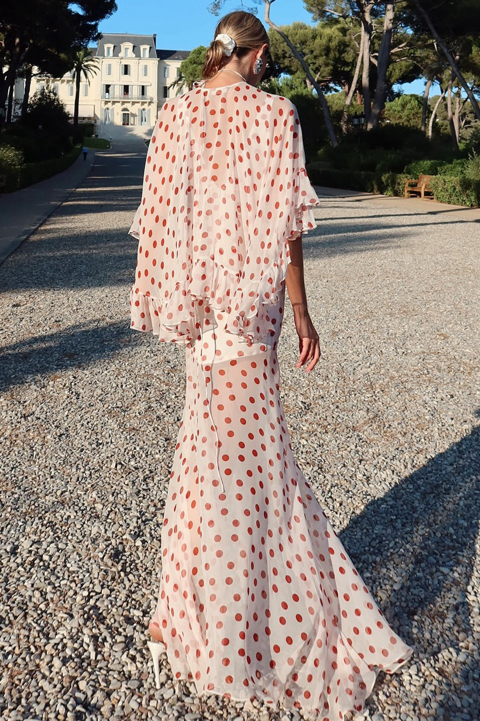 Polka Dot V-Neck Sheer Ruffle Capelet Rosette Neck Maxi Gown