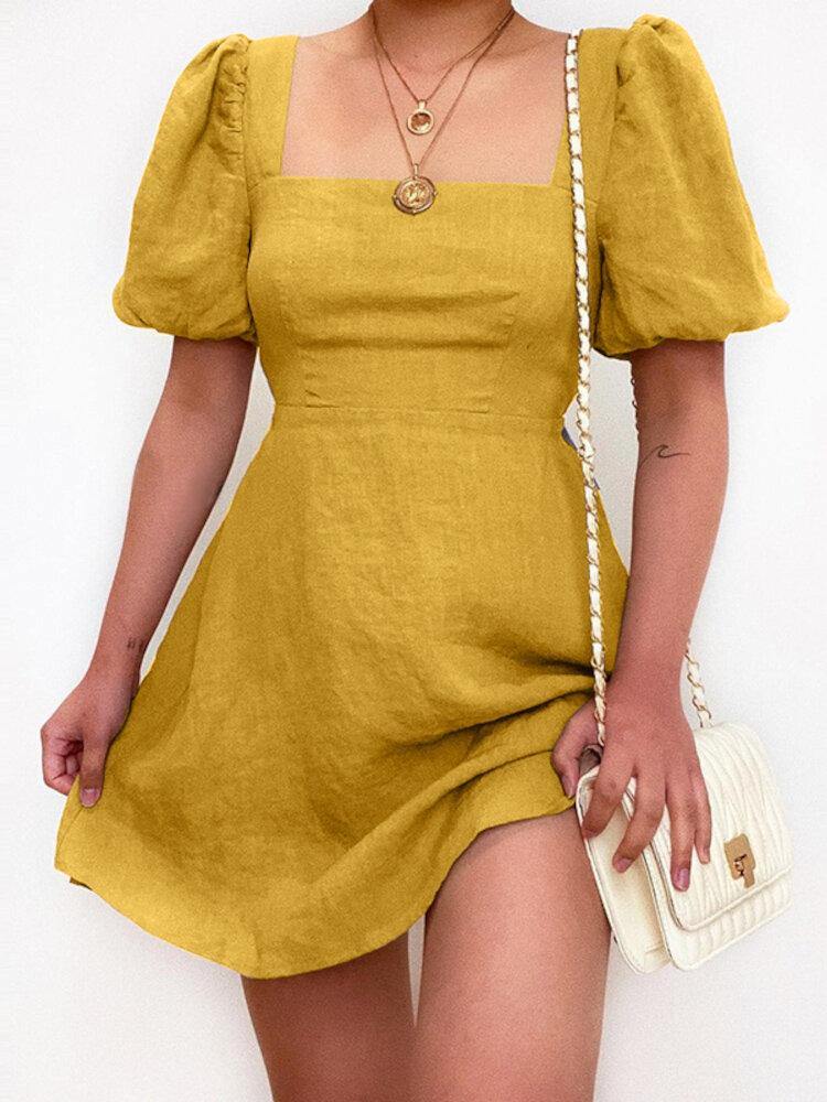 Square Neck Puff Sleeve Princess Seam Linen Skater Mini Dress