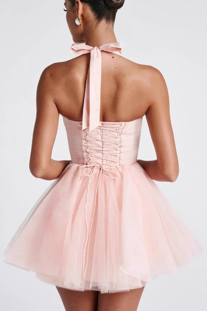 Halter Tie Neck Sweetheart Boned Corset Tulle Tutu Mini Dress