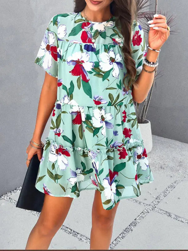 Botanical print short-sleeved tiered mini dress