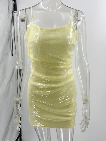Bodycon Dresses Yellow Sleeveless Sequins Sexy Straps Neck Backless Midi Dress Sheath Dress