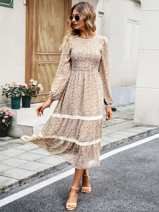 Floral Dress Layered Jewel Neck Long Sleeves Fall Midi Dress