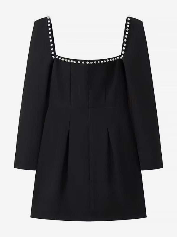 Black Mini Dress Sqaure Neck Long Sleeves Contrast Trim Graduation Dresses