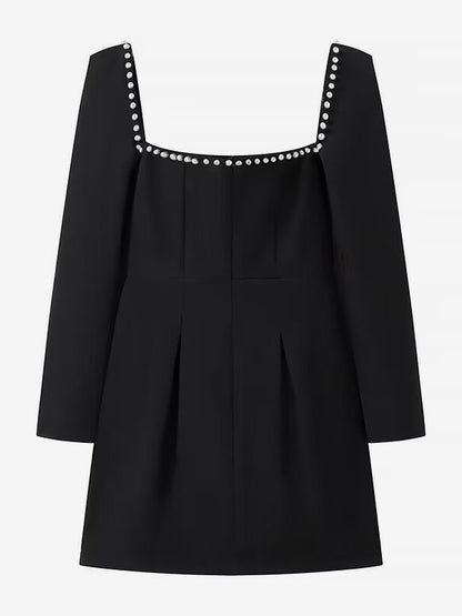 Black Mini Dress Sqaure Neck Long Sleeves Contrast Trim Graduation Dresses