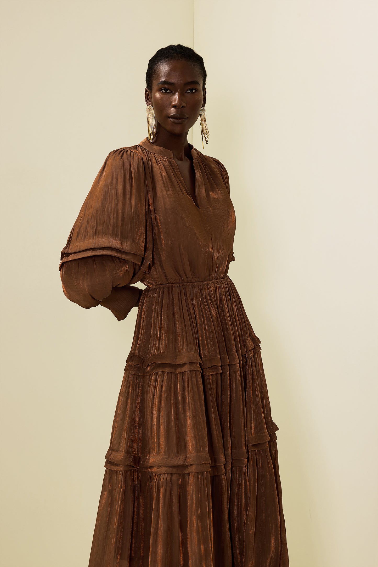 Pleat Lantern Sleeve V-Neck Midi Dress