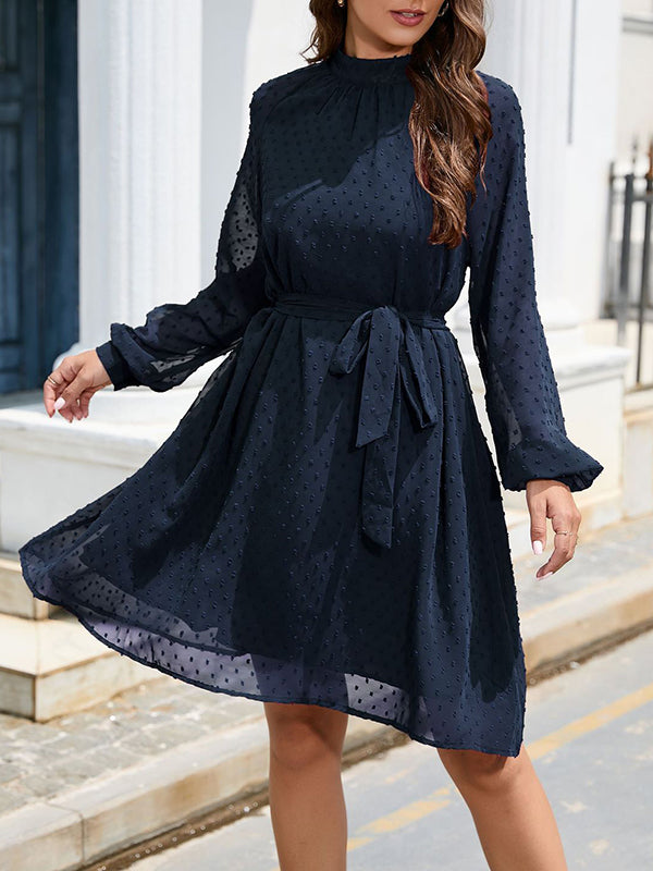 Loose Belted Solid Color Split-Joint Round-neck Mini Dresses