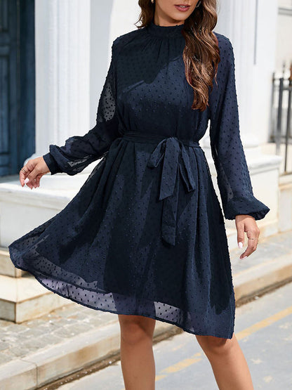 Loose Belted Solid Color Split-Joint Round-neck Mini Dresses