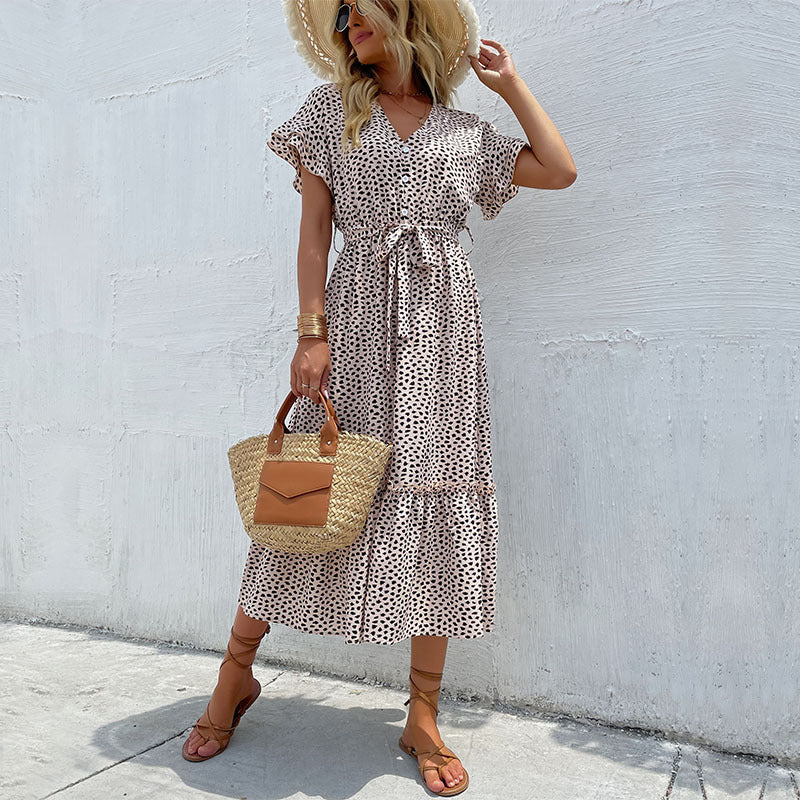 V-Neck Leopard Split Maxi Dress in Apricot and Black