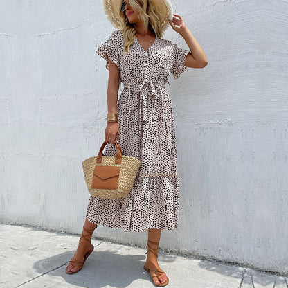 V-Neck Leopard Split Maxi Dress in Apricot and Black