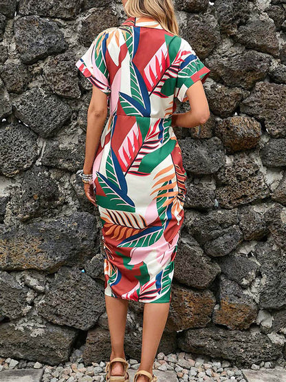 Raglan Sleeve Short Sleeves Buttoned Pleated Printed Tied Waist Lapel Midi Dresses Shirt Dress