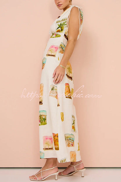 Art Summer Linen Blend Unique Print Drawstring Shoulder Loose Maxi Dress