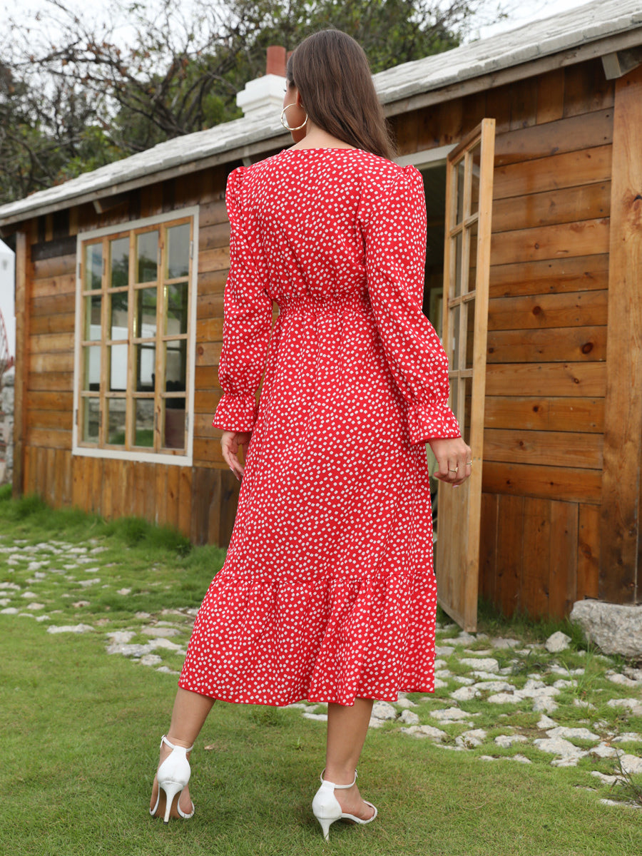 Vintage Polka Dot Dress V-Neck Long Sleeves Ruffles Midi Dresses