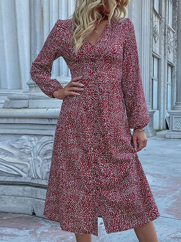 A-Line High Waisted Buttoned Leopard Split-Joint V-Neck Midi Dresses