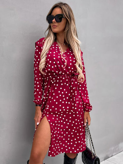 Polka Dot Lace Up Sexy V-Neck Long Sleeves Midi Dress